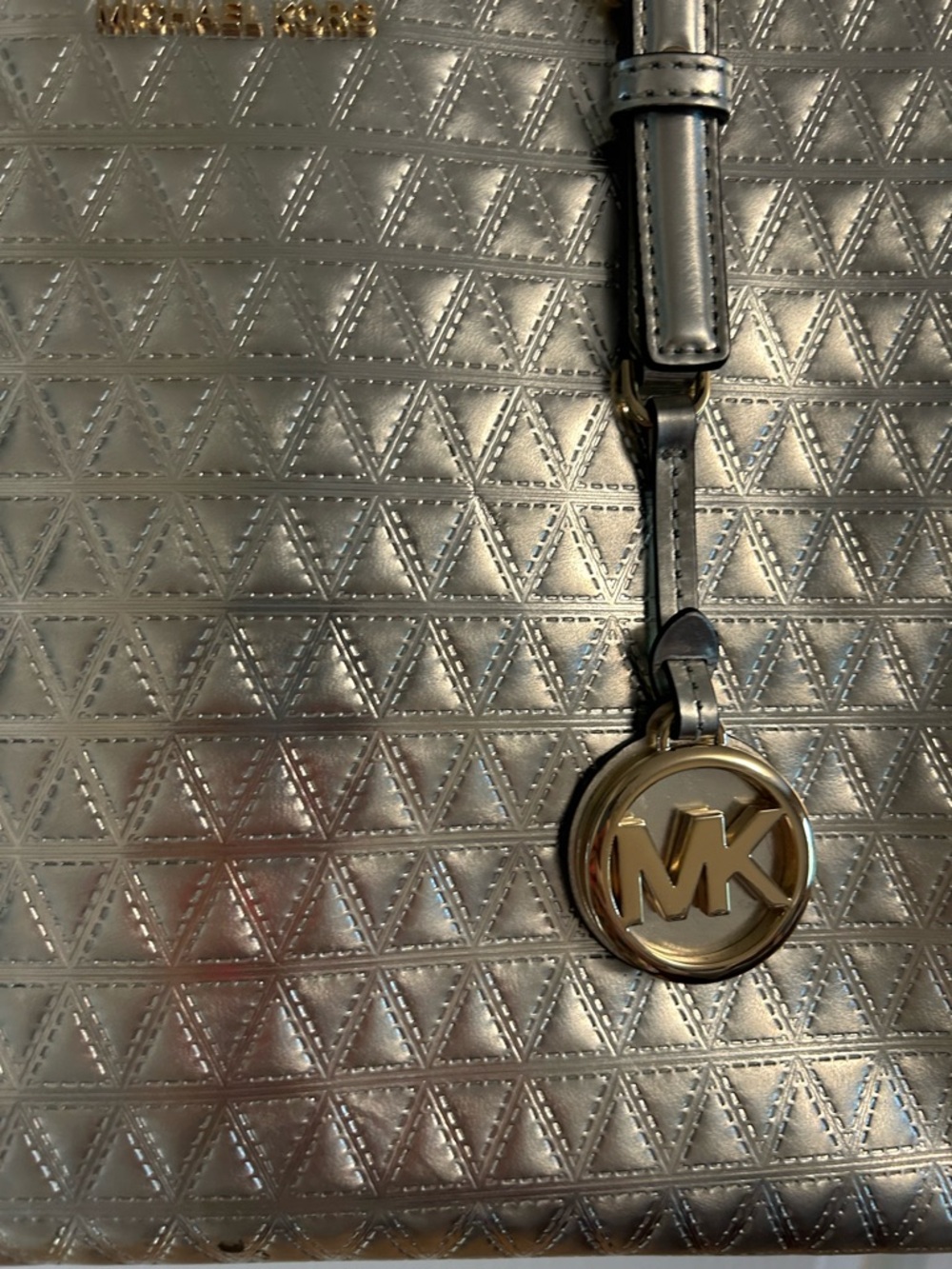 Michael Kors Metallic Silver Quilted Tote with MK Charm - Picture 3 of 15